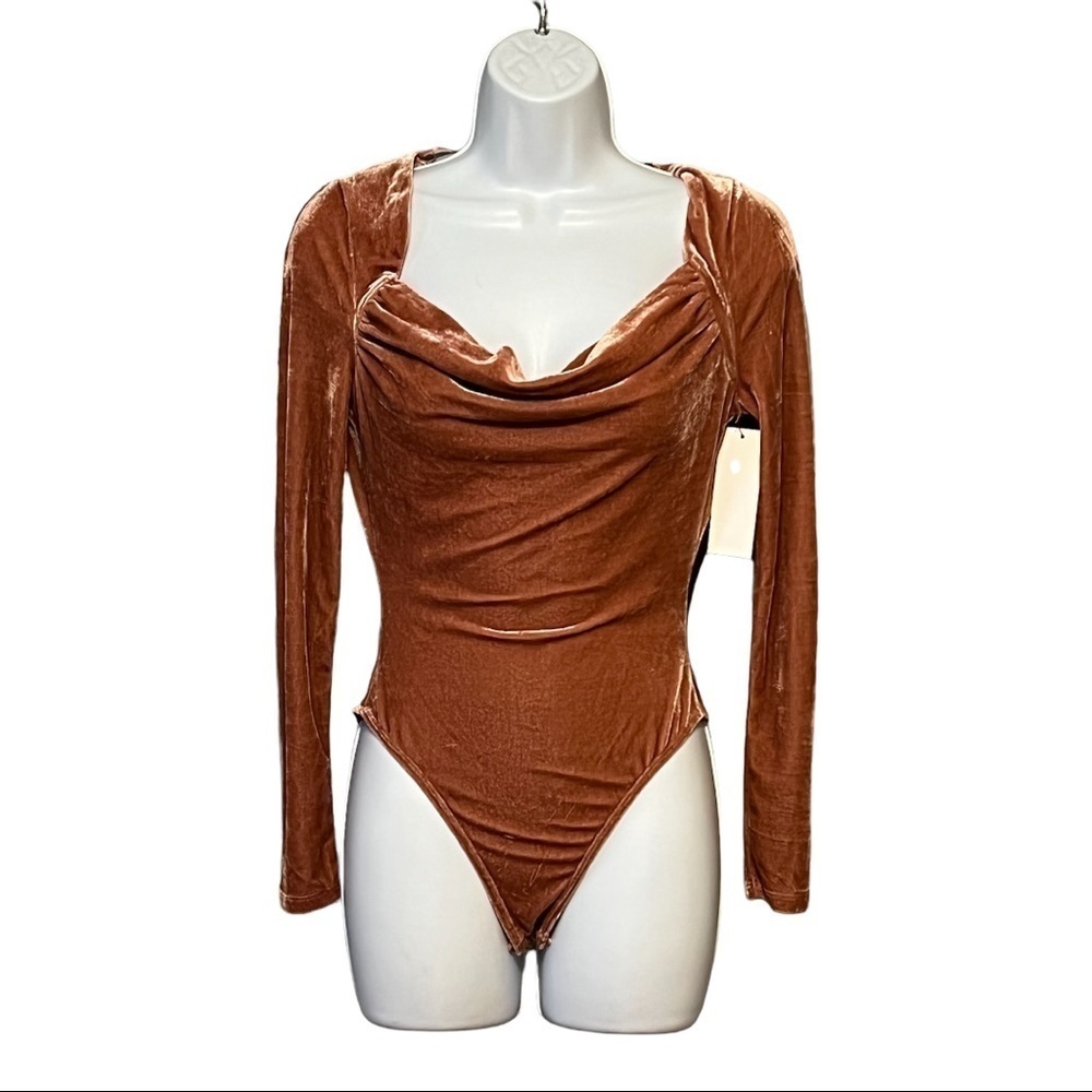 Aura Velour Cowl Neck Bodysuit Blush Rose Velvet Long Sleeves Snap Button Top XS